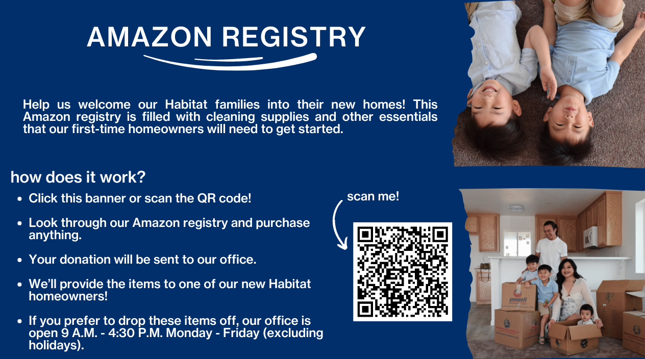 A banner with a blue background and pictures of smiling people. The text describes how to purchase items to help provide homeowners with supplies.